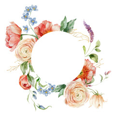 Watercolor floral circle frame of ranunculi, peonies and gold leaves. Hand painted card of flowers isolated on white background. Holiday flowers Illustration for design, print or background. - 742854723