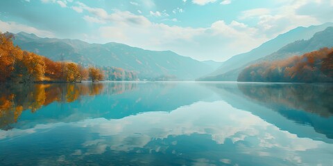 Fototapeta na wymiar Mysterious mountain lake with turquoise water in the autumn day. Zen lake. Beautiful reflection of mountains and autumn foliage Panoramic view of mountain lake.