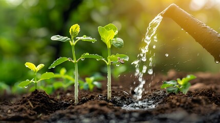 Agriculture. Watering one green sprout in the soil field. Water drops for irrigation. Concept of agriculture, green sprout is watered by raindrops. Sprout grows in the soil. ecology concept. - obrazy, fototapety, plakaty