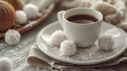 Obraz na płótnie Canvas Coffee with coconut candies dessert in the plate