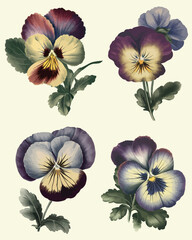 Vintage Botanical Pansies Violets Vector Illustration