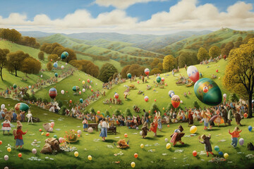 A joyful Easter egg roll competition on a lush green hillside, with children racing their eggs to...