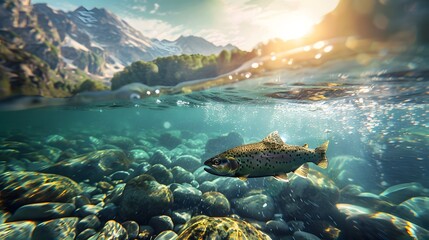 Rainbow trout swims in the water column in a mountain river. Wild fish fishing concept. - obrazy, fototapety, plakaty