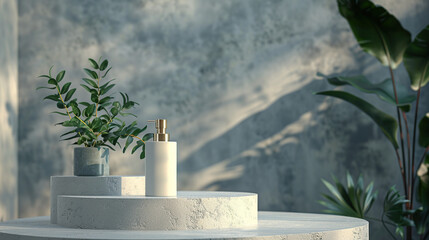 cosmetic product 3d rendering with gray cement background and green leaves generative ai