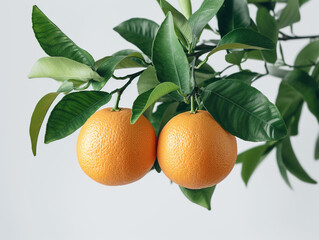 Fresh orange fruit hanging on a tree branch with green leaves isolated on a white background in a minimalist style. 