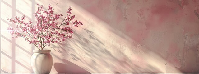 Empty interior cream with sunlight overlay shadow. Pink and cream shine soft reflection window. AI generate