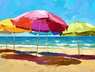 Fototapeta na wymiar Summer Escape, Beach Umbrellas Painting the Shore in Beautiful Colors