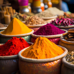A close-up of colorful spices in a market.