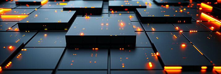 Modern Abstract Geometric Design, Digital Cubes and Squares in a Futuristic Light Concept on a Dark Background
