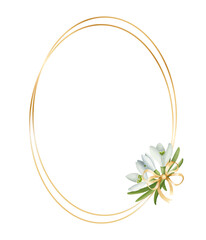 Gold double oval frame with a bouquet of snowdrops. Illustration on a transparent background for the design of cards, invitations, etc.