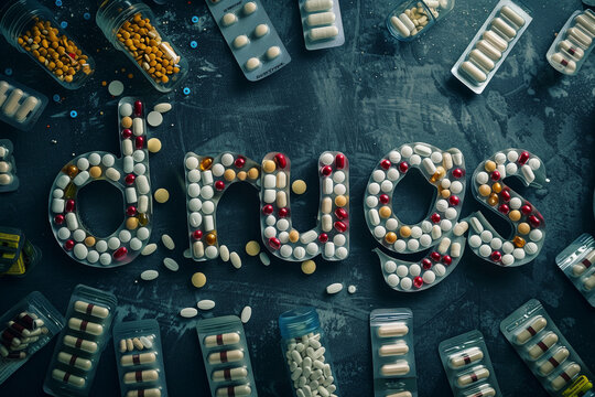 The word "drugs" is laid out of pills on a dark background with packets of pills , top view wirh copyspace 