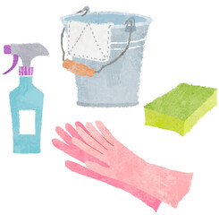 掃除グッズ　バケツとゴム手袋とクリーナー　