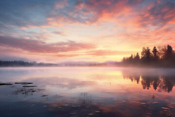 A picturesque Easter sunrise over a misty lake, with pastel-colored clouds reflecting in the calm waters below.