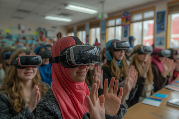 Children in class use VR glasses technology, in the concept of advancement in educational technology.