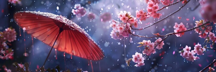 Delicate sakura blossoms dancing in the rain, Generative AI