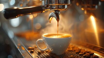 Illustration of a coffee machine gracefully pours freshly brewed coffee into an espresso cup. Rich aroma, steam and precise pouring emphasize the skill and sophistication of coffee preparation.