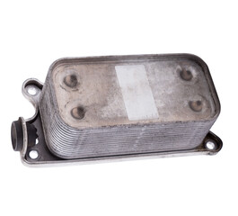 Gearbox heat exchanger - radiator, with metal chrome elements and tubes - detail of a car mechanism on a white isolated background. Replacing the automobile parts. Spare parts catalog.