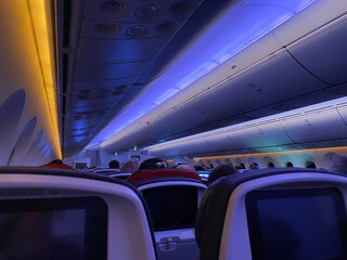 Interior of an airplane. View of the seats, screen, luggage racks and front of the aircraft. Dim lighting for a night flight.