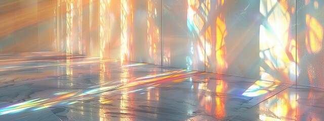 Iridescent shadow overlay wall interior empty. Light room with rainbow shadow holographic gradient. Studio wall with sunlight. AI generate