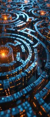 A Bitcoin labyrinth with cybersecurity traps and solutions depicting the complex challenges of protecting digital wealth