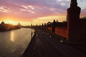 Beautiful city landscape. The Moscow River and Kremlin buildings and wall.