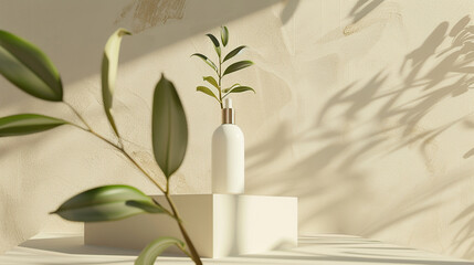Minimal background for branding and product presentation. Cosmetic bottle on podium with green plant on beige background. 3d rendering illustration, generative ai