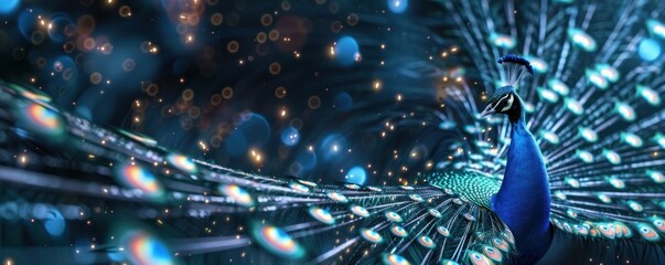 A peacock spreading its feathers revealing a mesmerizing blockchain pattern symbolizing beauty in technology