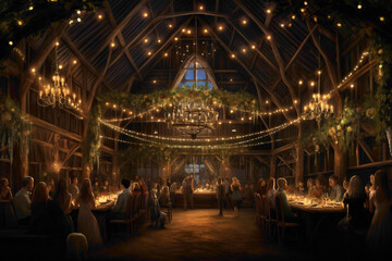 A rustic Easter barn dance, with lively music, twirling dancers, and strings of twinkling fairy...