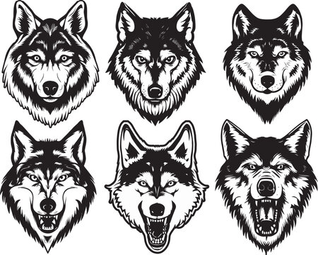 Black and White Wolf Vector Logo Animal Head