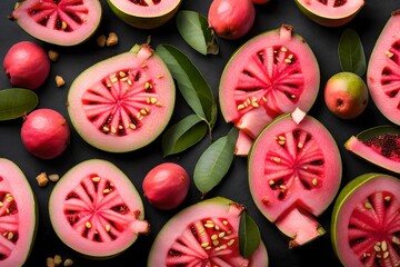 A sliced guava revealing its pink, fragrant flesh and seeds, evoking its tropical essence.