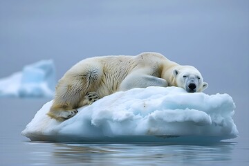 A lone polar bear naps on a dwindling iceberg, highlighting the stark reality of habitat loss in the Arctic.