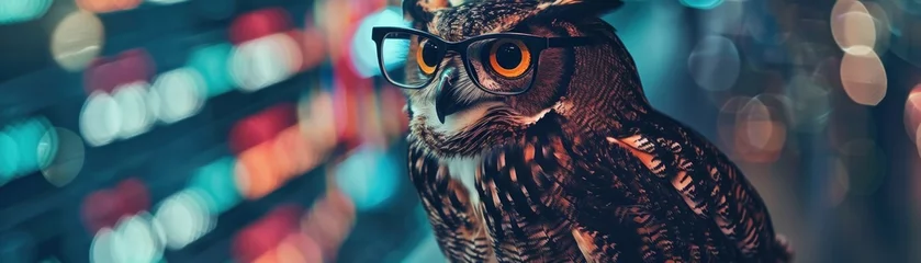 Poster A wise owl with glasses perusing Bitcoin data symbolizing knowledge in cryptocurrency investments © wasan
