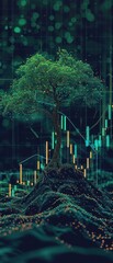 An investors portfolio growth visualized as a digital tree with branches representing different asset classes flourishing