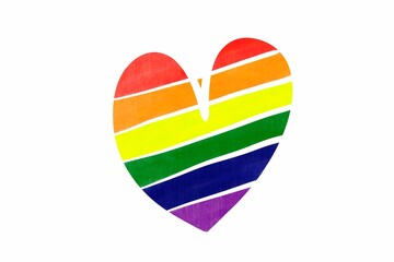 Rainbow heart drawing on white background with copy space for texts, concept for supporting and attending the pride month, special events, of LGBT people around the world.