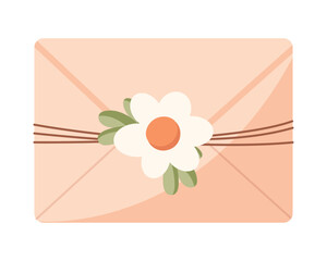 Kraft envelope with flower isolated on white background. Easter element. Vector illustration. Flat cute style.