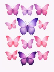 Fototapeta premium A collection of pink and purple butterflies clustered together on a simple white backdrop, showcasing their vibrant colors and delicate wings.