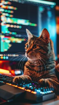 Content cat as a software developer coding on a computer in a tech startup