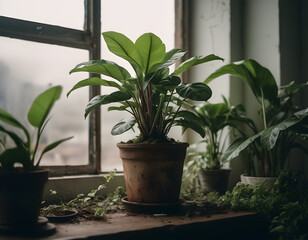 A houseplant in a polluted environment serves as a symbol of hope amidst an environmental cataclysm, representing the potential for life to persist in challenging conditions