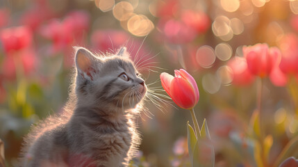 Little gray kitten smelling pink tulip, in spring flower meadow, bokeh and blur romantic atmosphere, floral background - Powered by Adobe