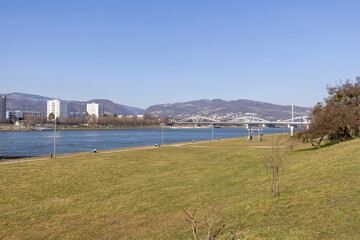 View of the boulevard over the Danube River on a spring sunny day, Linz, Austria
