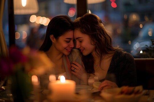 Two women enjoying a cozy and intimate dinner in a restaurant adorned with candles in a romantic and soft focus setting celebrating their love and friendship