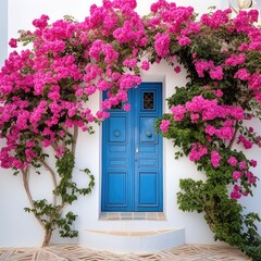 Fototapeta na wymiar A blue door stands out against a white building, framed by vibrant pink flowers in full bloom. The colorful contrast creates a striking visual display.