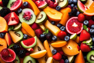 The contrasting colors and textures of a mixed fruit salad, showcasing a variety of sliced fruits.
