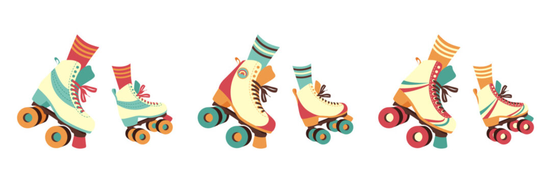 Set of women's roller skates. vector illustration in 90s style.