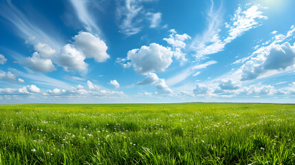 Green meadow with blue sky and clouds background - obrazy, fototapety, plakaty