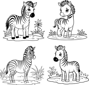 zebra set hand drawn coloring page and outline vector design