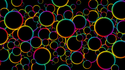 Colorful rainbow random flying glowing circles, spheres or bubbles. Luminous floating balls shine with rainbow colors on black background. Fluorescent circle particles dynamic flow. Vector background