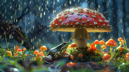 A single frog sits contemplatively under a large red-capped mushroom amidst a shower of rain.Animal behavior concept. AI generated. - obrazy, fototapety, plakaty