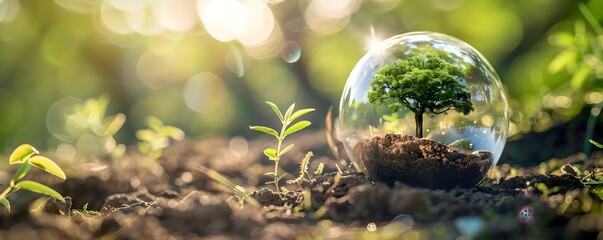 This eco friendly glass sculpture features a tree growing in a transparent globe perfect for adding a touch of nature to any space, sustainable and carbon reduction concept