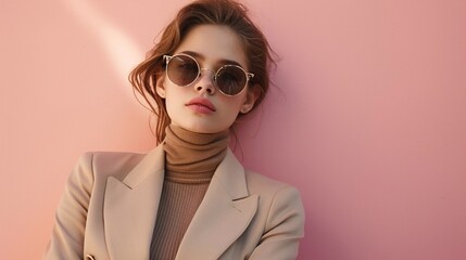 Studio fashion portrait's young lady girl wearing elegant fashion woman sunglasses, posing on light pastel peach fuzz color background